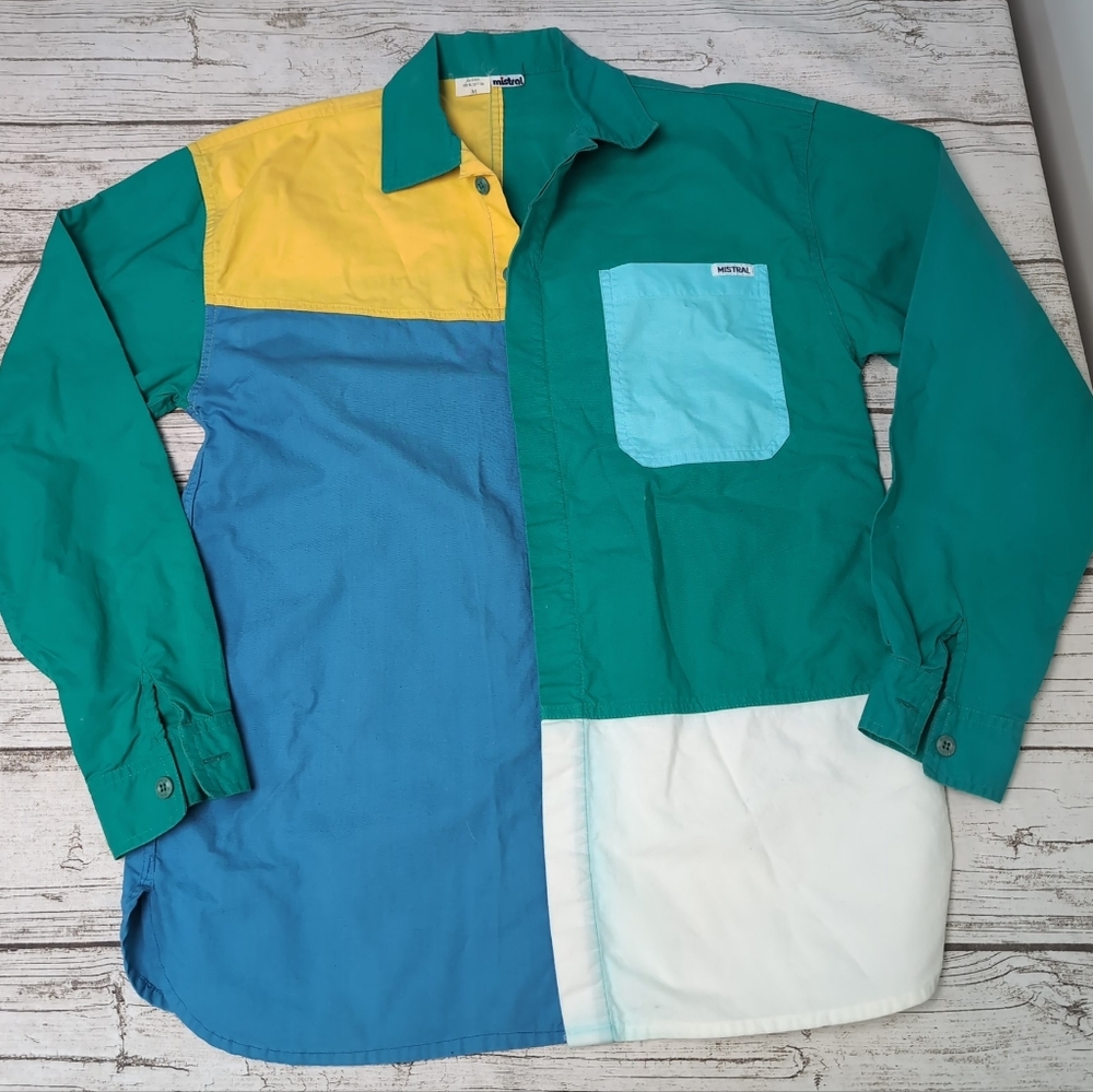 Vintage Mistral Green Blue Yellow Color Block Button Up Shirt Men Size Medium